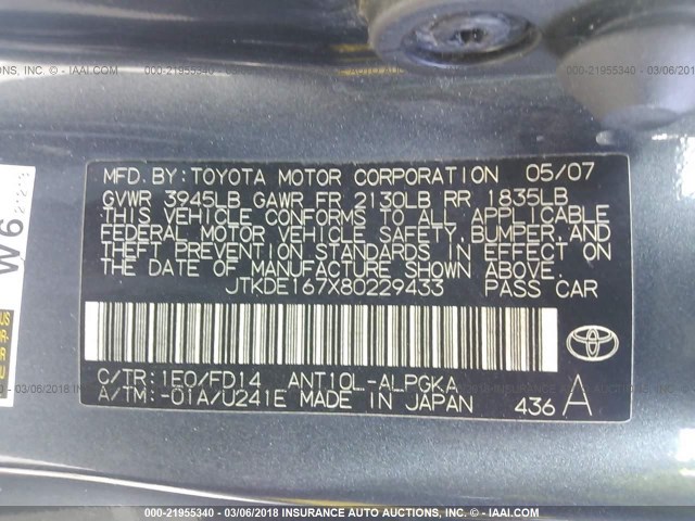 JTKDE167X80229433 - 2008 TOYOTA SCION TC 灰色 照片 9