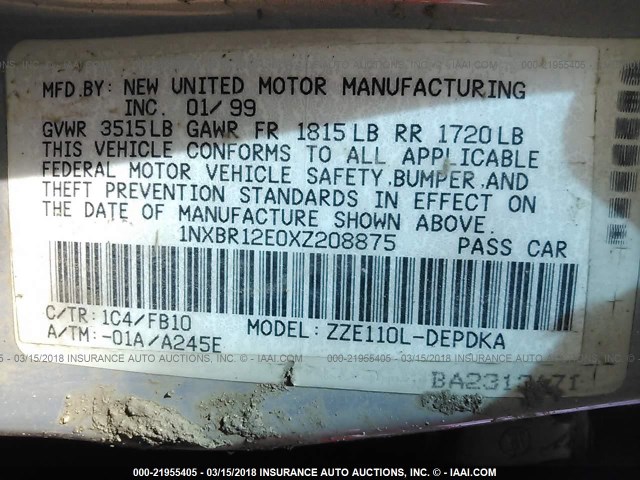 1NXBR12E0XZ208875 - 1999 TOYOTA COROLLA VE/CE/LE 银色 照片 9