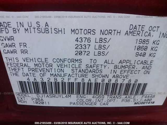 4A32B2FF8AE008780 - 2010 MITSUBISHI GALANT FE MAROON photo 9