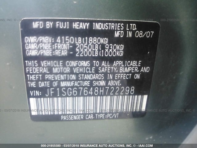 JF1SG67648H722298 - 2008 SUBARU FORESTER 2.5X LL BEAN GREEN photo 9