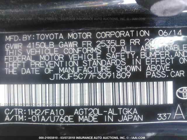 JTKJF5C77F3091809 - 2015 TOYOTA SCION TC 黑色 照片 9