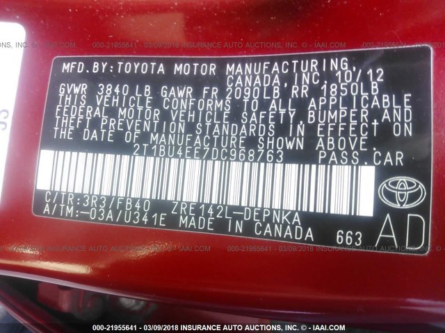 2T1BU4EE7DC968763 - 2013 TOYOTA COROLLA S/LE RED photo 9