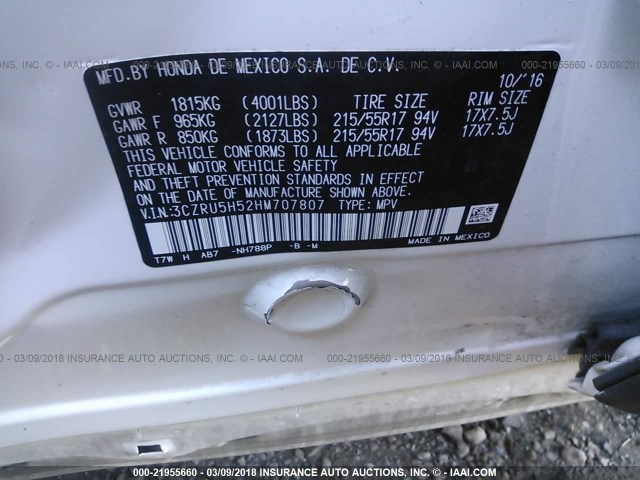 3CZRU5H52HM707807 - 2017 HONDA HR-V EX WHITE photo 9