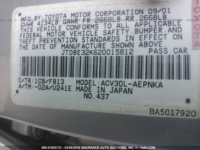 JTDBE32K620015812 - 2002 TOYOTA CAMRY LE/XLE/SE SILVER photo 9