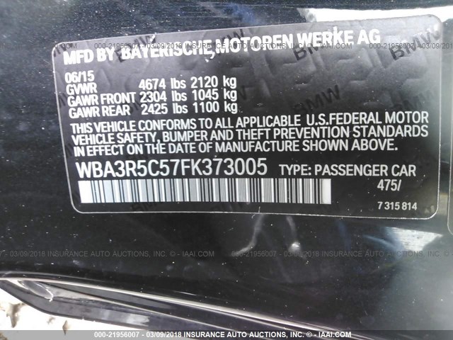 WBA3R5C57FK373005 - 2015 BMW 435 XI BLACK photo 9