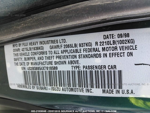 4S3BG6854X7618589 - 1999 SUBARU LEGACY OUTBACK/SSV/LIMITED/30TH GREEN photo 9