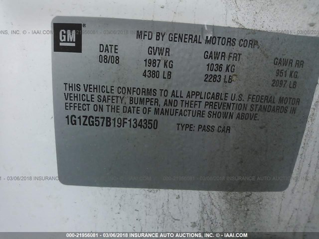 1G1ZG57B19F134350 - 2009 CHEVROLET MALIBU LS WHITE photo 9