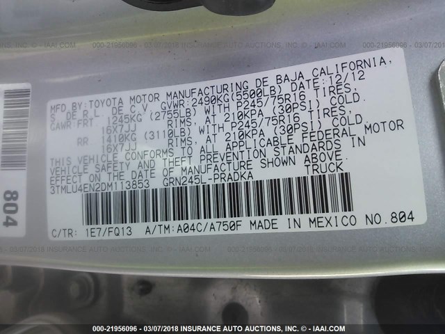 3TMLU4EN2DM113853 - 2013 TOYOTA TACOMA DOUBLE CAB ვერცხლისფერი ფოტო 9