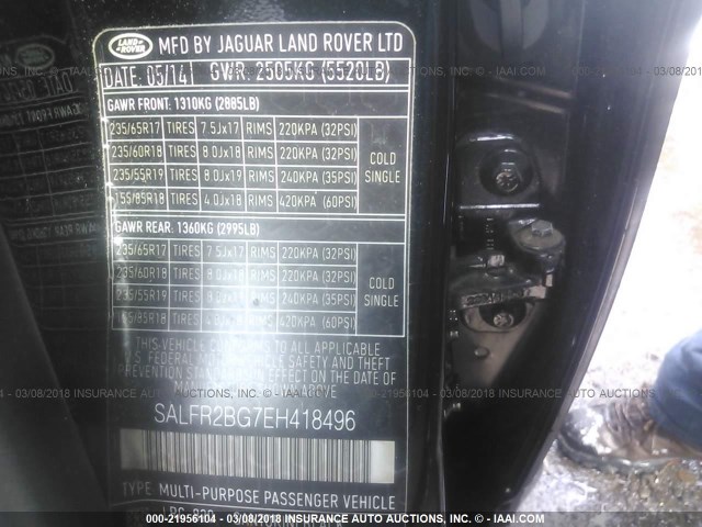 SALFR2BG7EH418496 - 2014 LAND ROVER LR2 HSE BLACK photo 9