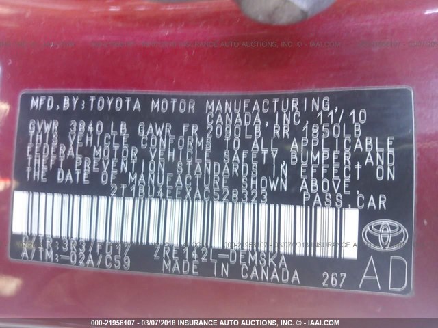 2T1BU4EEXAC528323 - 2010 TOYOTA COROLLA S/LE/XLE RED photo 9