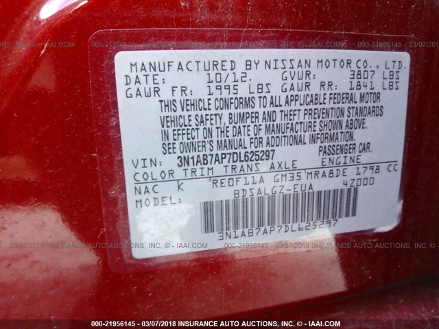 3N1AB7AP7DL625297 - 2013 NISSAN SENTRA S/SV/SR/SL MAROON photo 9