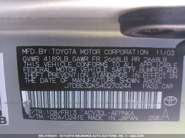 JTDBE32K540270244 - 2004 TOYOTA CAMRY LE/XLE SILVER photo 9