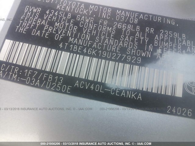 4T1BE46K19U277929 - 2009 TOYOTA CAMRY SE/LE/XLE SILVER photo 9