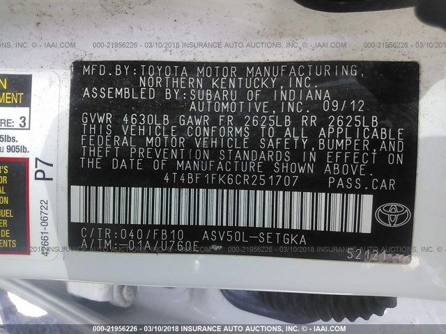 4T4BF1FK6CR251707 - 2012 TOYOTA CAMRY SE/LE/XLE WHITE photo 9