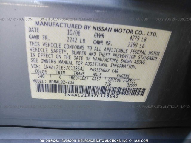 1N4AL21E37C118642 - 2007 NISSAN ALTIMA 2.5/2.5S GREEN photo 9