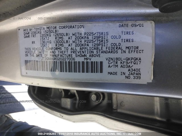 JT3GN86R020227006 - 2002 TOYOTA 4RUNNER SR5 SILVER photo 9