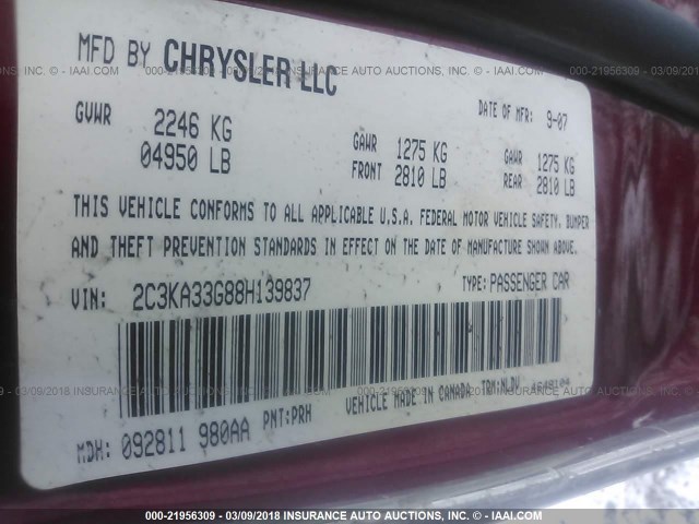 2C3KA33G88H139837 - 2008 CHRYSLER 300 LIMITED RED photo 9