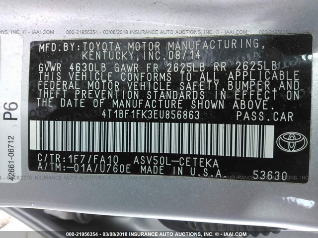 4T1BF1FK3EU856863 - 2014 TOYOTA CAMRY L/SE/LE/XLE SILVER photo 9