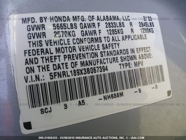 5FNRL189X3B067394 - 2003 HONDA ODYSSEY EXL SILVER photo 9