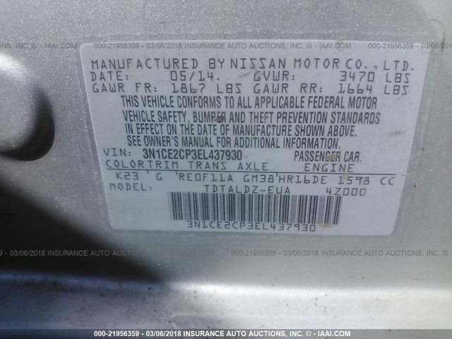 3N1CE2CP3EL437930 - 2014 NISSAN VERSA NOTE S/S PLUS/SV/SL SILVER photo 9