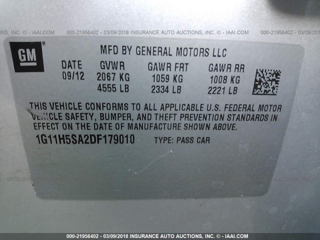 1G11H5SA2DF179010 - 2013 CHEVROLET MALIBU LTZ 银色 照片 9