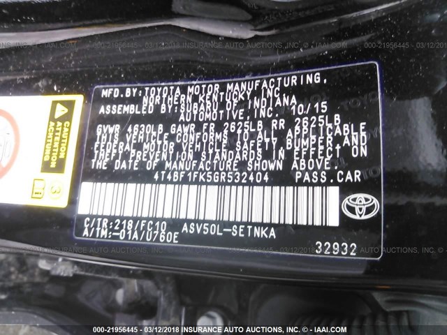 4T4BF1FK5GR532404 - 2016 TOYOTA CAMRY LE/XLE/SE/XSE BLACK photo 9