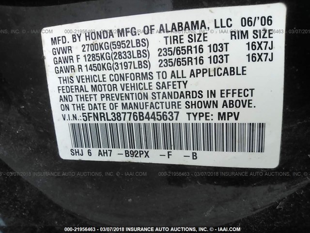 5FNRL38776B445637 - 2006 HONDA ODYSSEY EXL შავი ფოტო 9