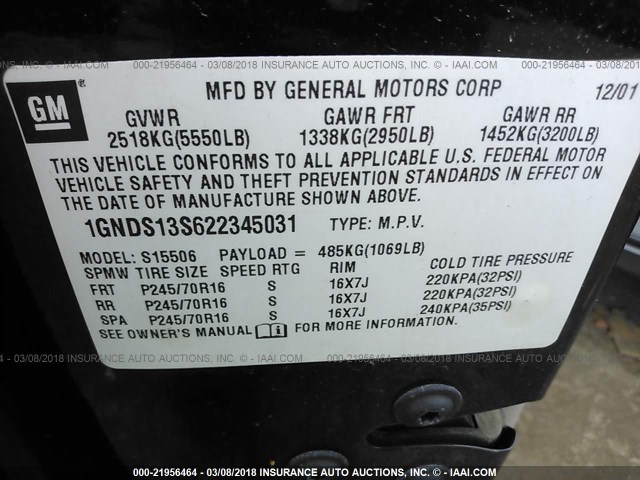 1GNDS13S622345031 - 2002 CHEVROLET TRAILBLAZER  BLACK photo 9