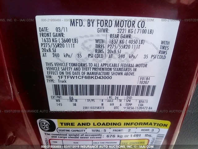 1FTFW1CF6BKD43000 - 2011 FORD F150 SUPERCREW RED photo 9