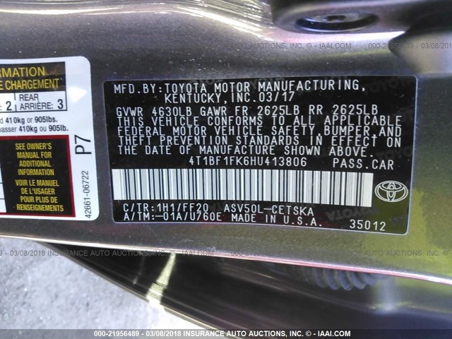 4T1BF1FK6HU413806 - 2017 TOYOTA CAMRY LE/XLE/SE/XSE GRAY photo 9