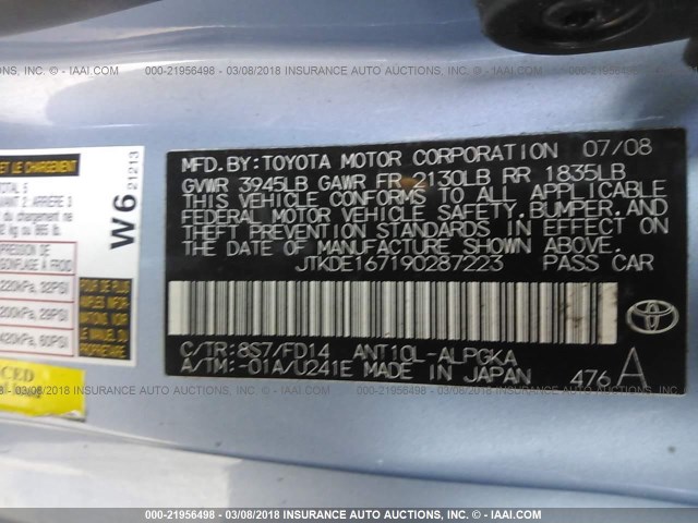 JTKDE167190287223 - 2009 TOYOTA SCION TC 蓝色 照片 9