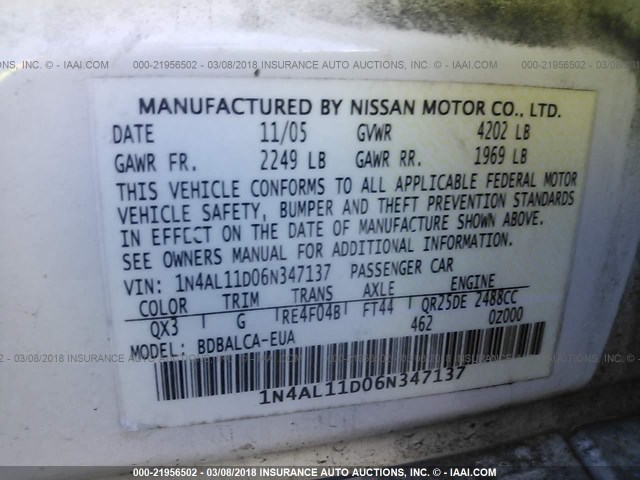 1N4AL11D06N347137 - 2006 NISSAN ALTIMA S/SL WHITE photo 9