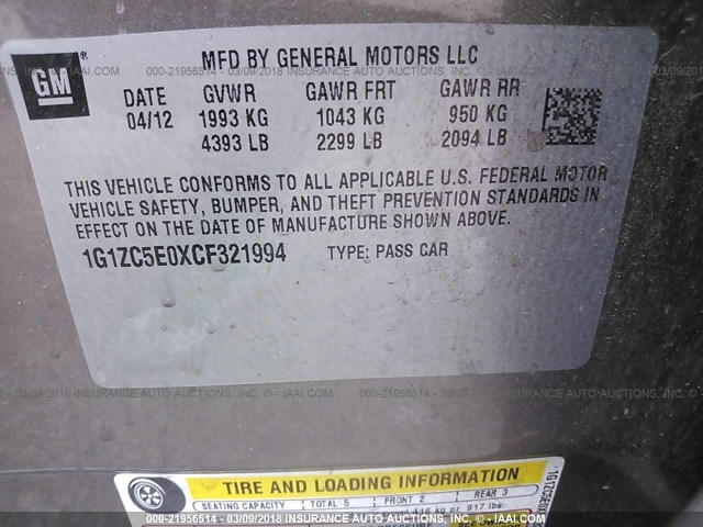 1G1ZC5E0XCF321994 - 2012 CHEVROLET MALIBU 1LT 锡色 照片 9