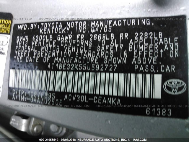 4T1BE32K55U592727 - 2005 TOYOTA CAMRY LE/XLE/SE ვერცხლისფერი ფოტო 9