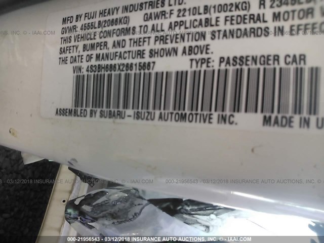 4S3BH686X26615667 - 2002 SUBARU LEGACY OUTBACK LIMITED WHITE photo 9