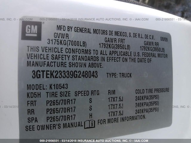 3GTEK23339G248043 - 2009 GMC SIERRA K1500 SLE WHITE photo 9