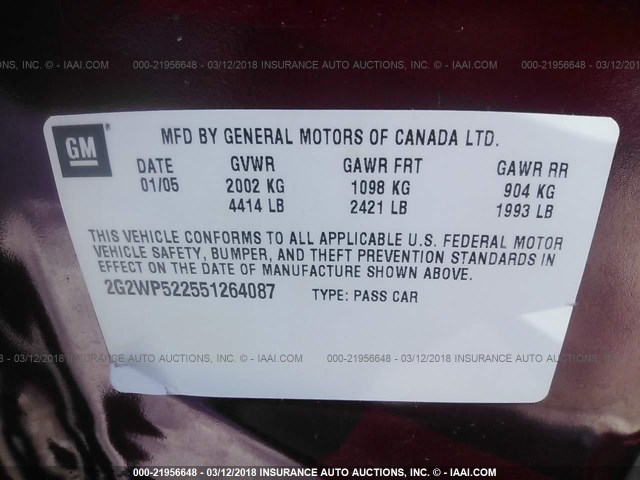 2G2WP522951242450 - 2005 PONTIAC GRAND PRIX RED photo 9