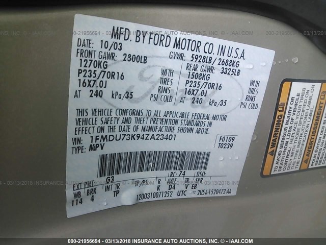 1FMDU73K94ZA23401 - 2004 FORD EXPLORER XLT/XLT SPORT/NBX 米色 照片 9