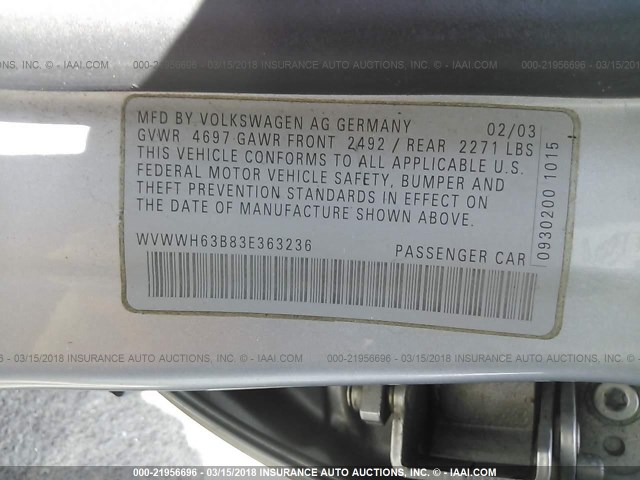 WVWWH63B83E363236 - 2003 VOLKSWAGEN PASSAT GLX SILVER photo 9