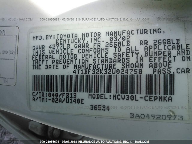 4T1BF32K32U024758 - 2002 TOYOTA CAMRY LE/XLE/SE 白色 照片 9