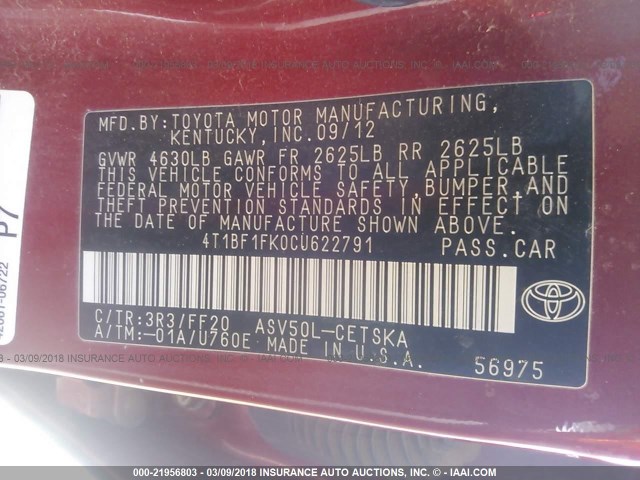 4T1BF1FK0CU622791 - 2012 TOYOTA CAMRY SE/LE/XLE Красный фото 9