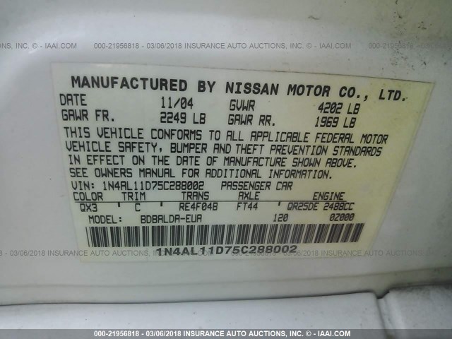 1N4AL11D75C288002 - 2005 NISSAN ALTIMA S/SL თეთრი ფოტო 9