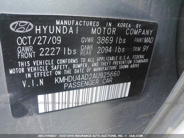 KMHDU4AD2AU925660 - 2010 HYUNDAI ELANTRA BLUE/GLS/SE GRAY photo 9