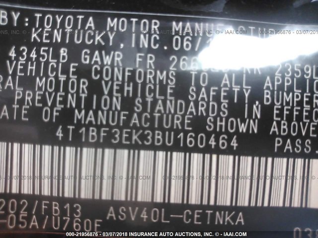 4T1BF3EK3BU160464 - 2011 TOYOTA CAMRY SE/LE/XLE BLACK photo 9