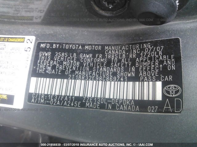 2T1BR32E98C869741 - 2008 TOYOTA COROLLA CE/LE/S SILVER photo 9