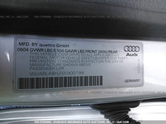 WUARL48H25K900199 - 2005 AUDI S4 QUATTRO CABRIOLET SILVER photo 9