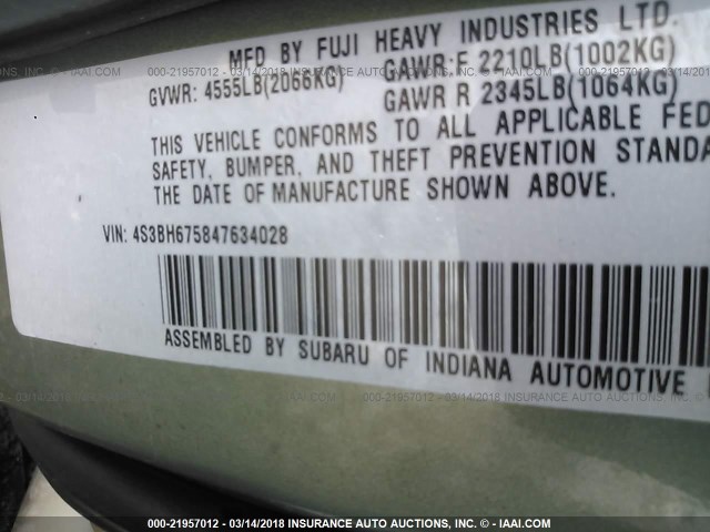 4S3BH675847634028 - 2004 SUBARU LEGACY OUTBACK AWP 绿色 照片 9