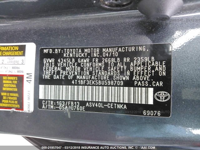 4T1BF3EK5BU598709 - 2011 TOYOTA CAMRY SE/LE/XLE ნაცრისფერი ფოტო 9