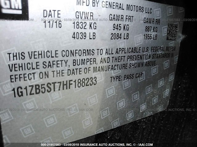 1G1ZB5ST7HF188233 - 2017 CHEVROLET MALIBU LS 黑色 照片 9