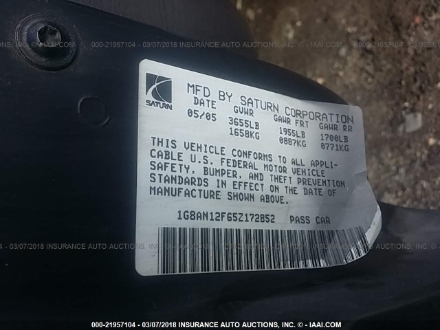 1G8AN12F65Z172852 - 2005 SATURN ION LEVEL 2 GRAY photo 9